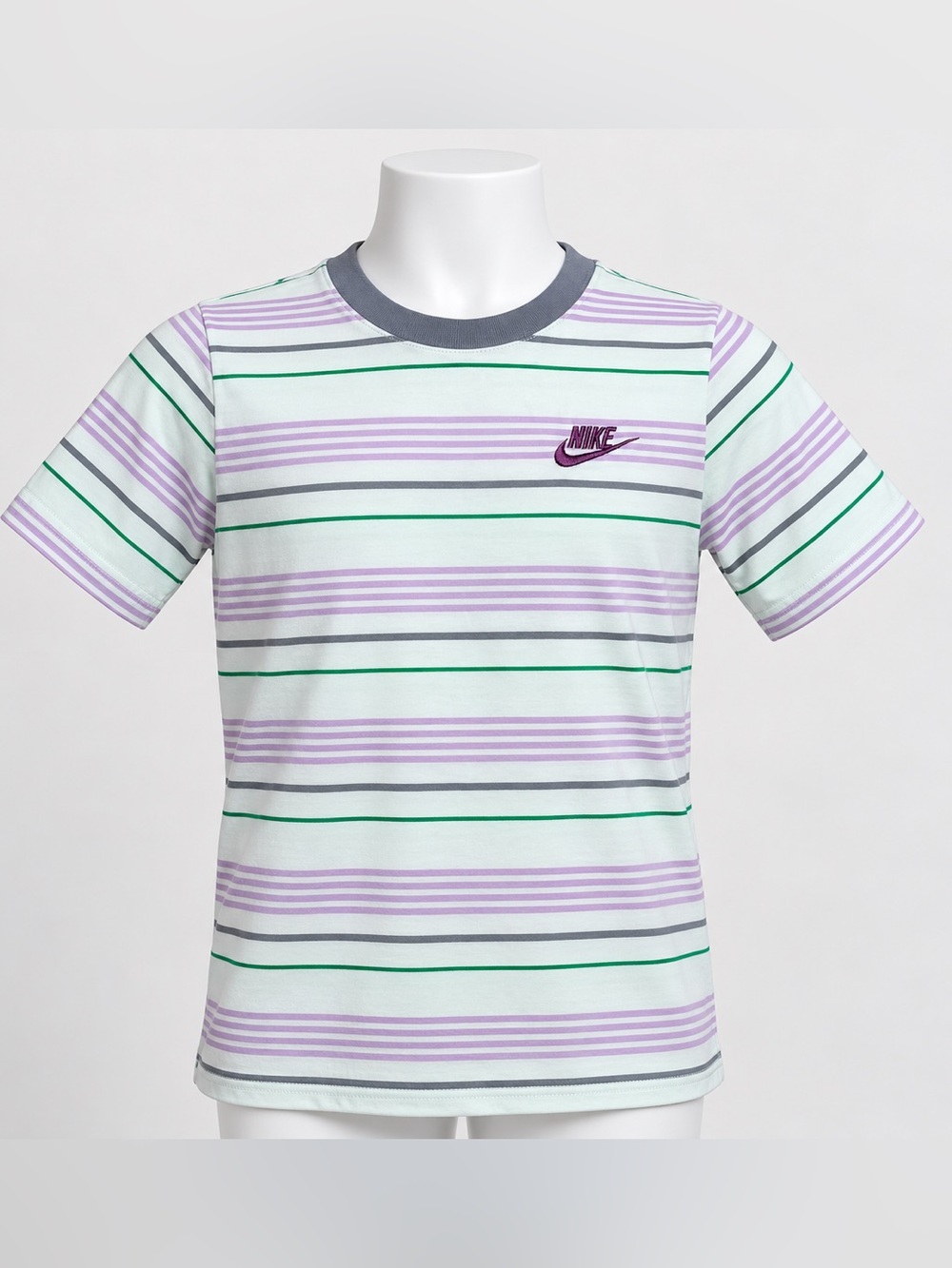 Nike Youth Medium Striped T-Shirt Purple Green Embroidered Swoosh